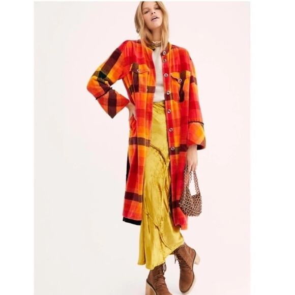 Free People Size XS Ashima Chenille Plaid Duster Maxi Jacket Orange Fall Boho - Picture 1 of 13
